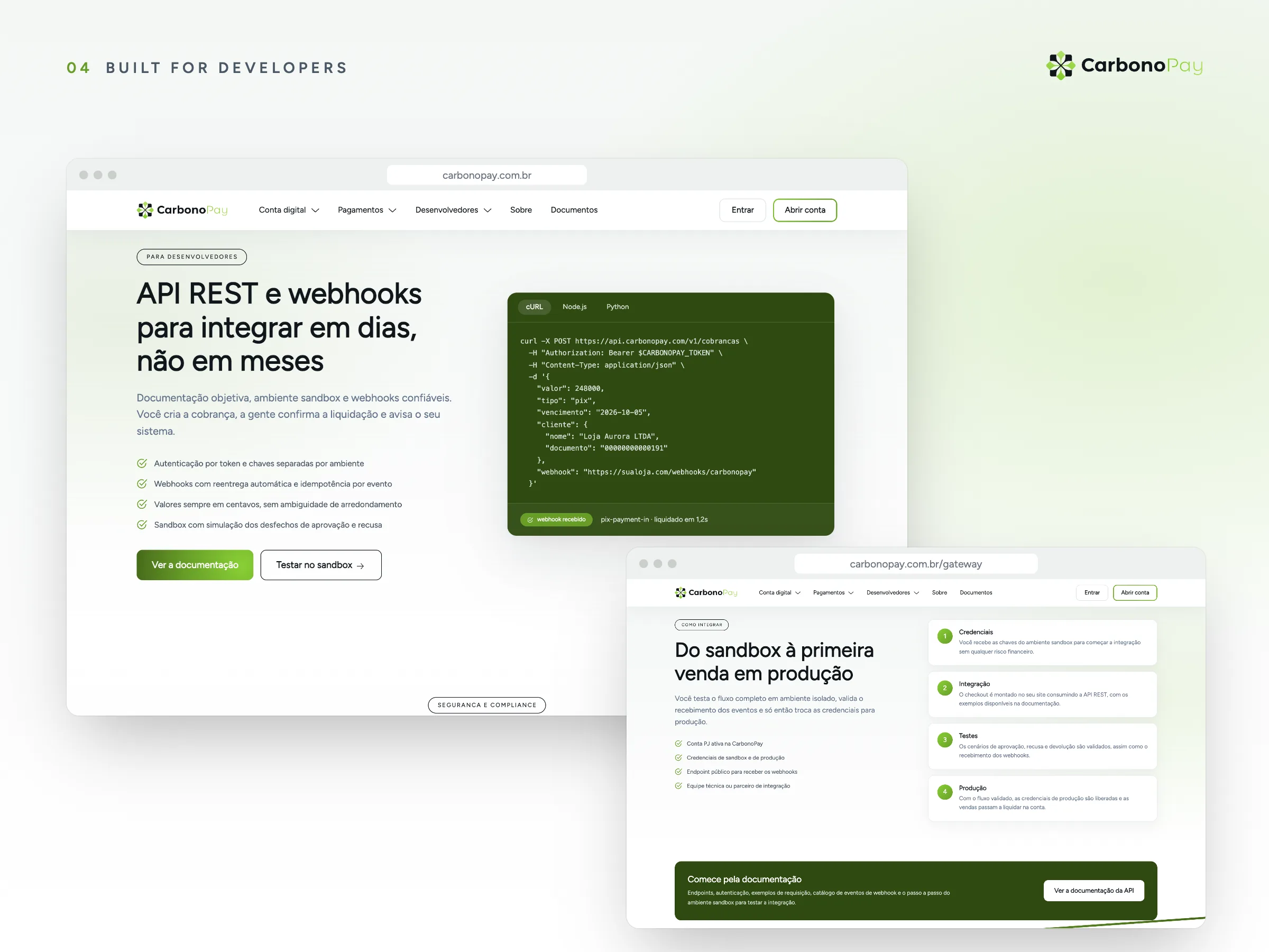 CarbonoPay · Feito para desenvolvedores