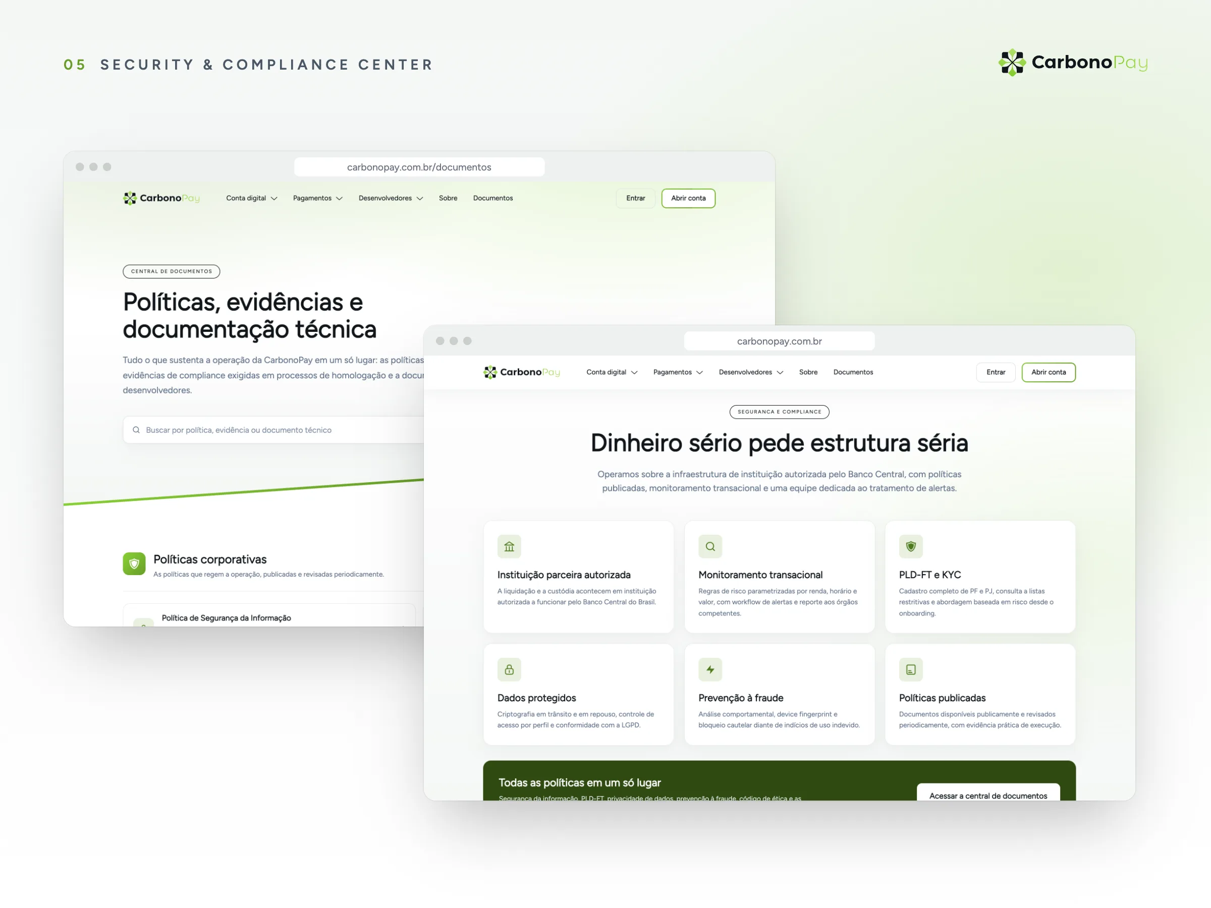 CarbonoPay · Segurança e central de documentos