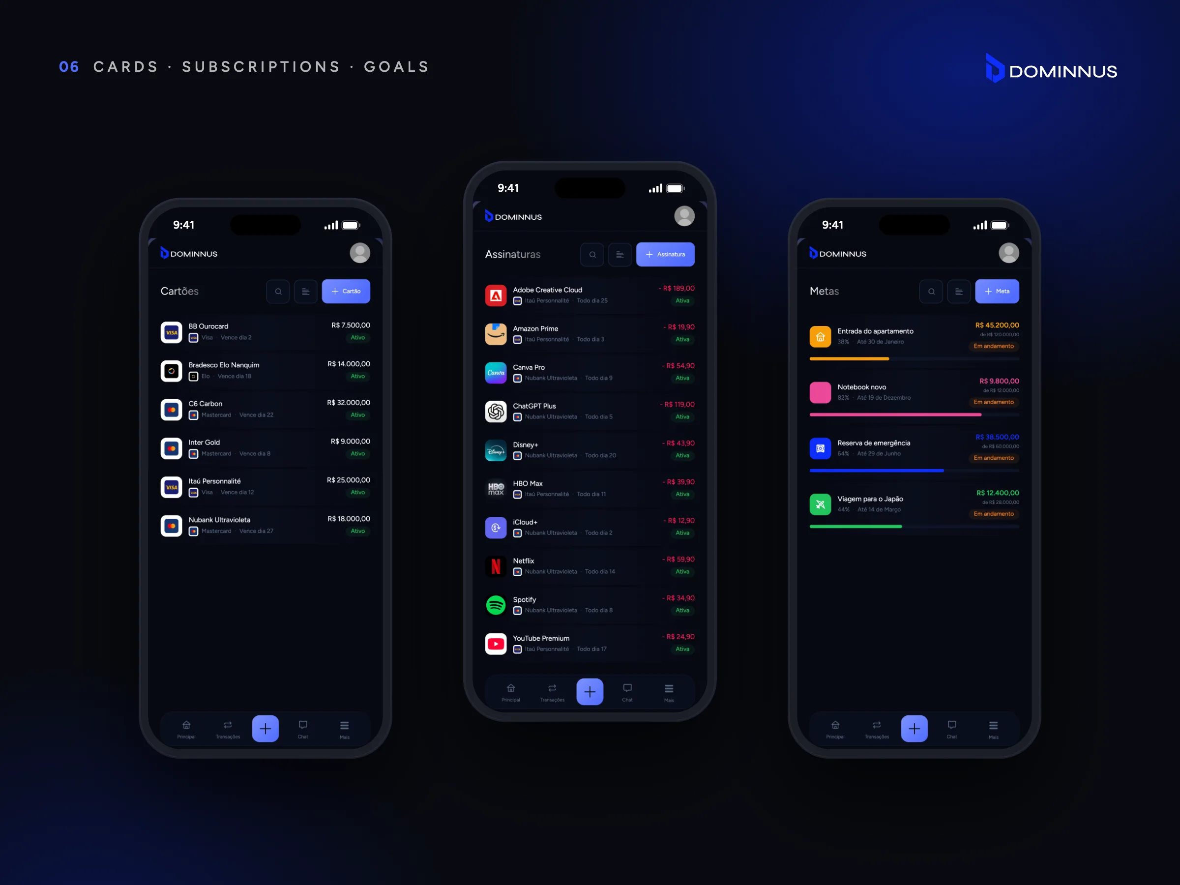 Dominnus · Tarjetas, suscripciones y metas