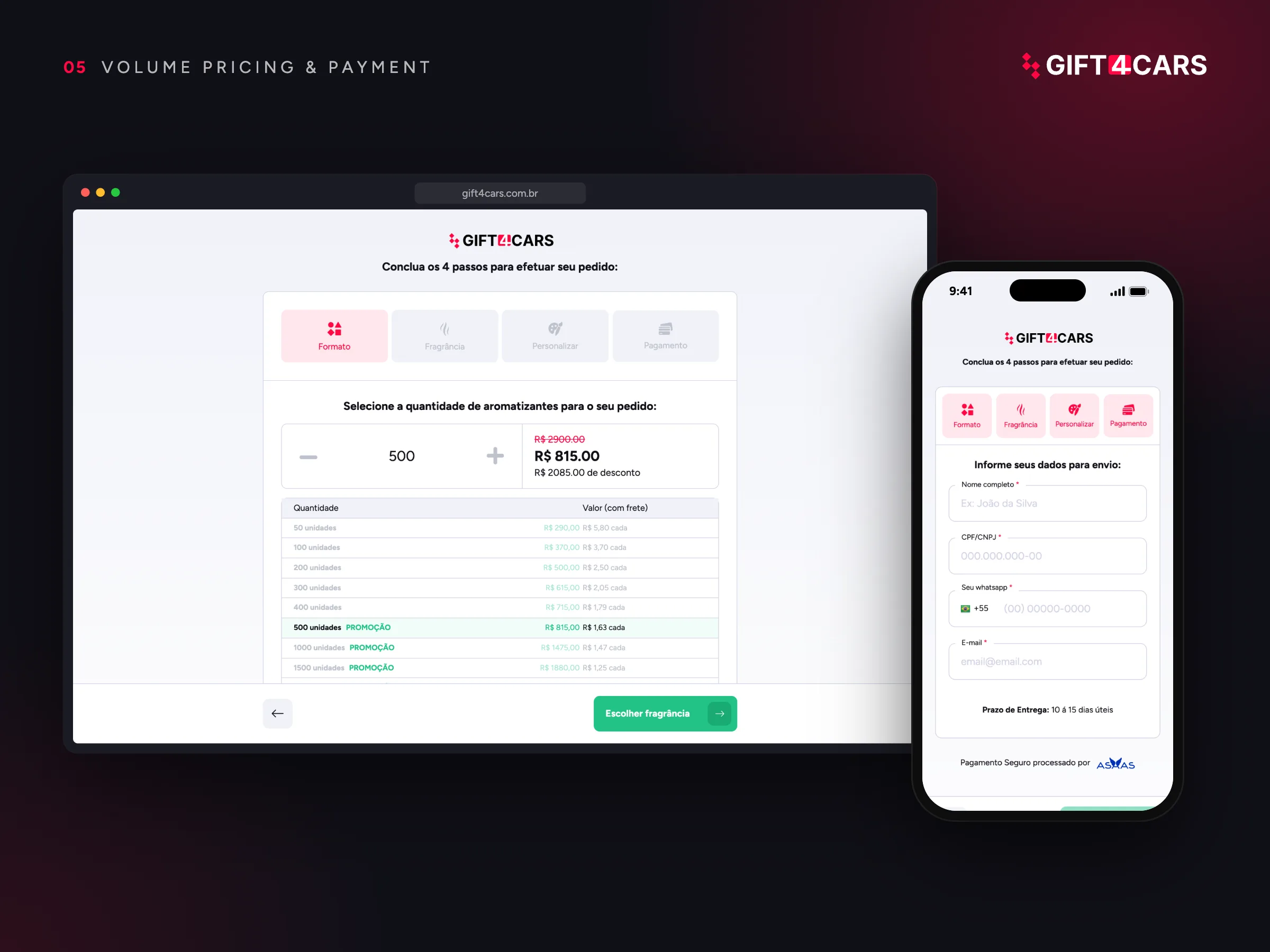Gift 4 Cars · Desconto por volume e pagamento